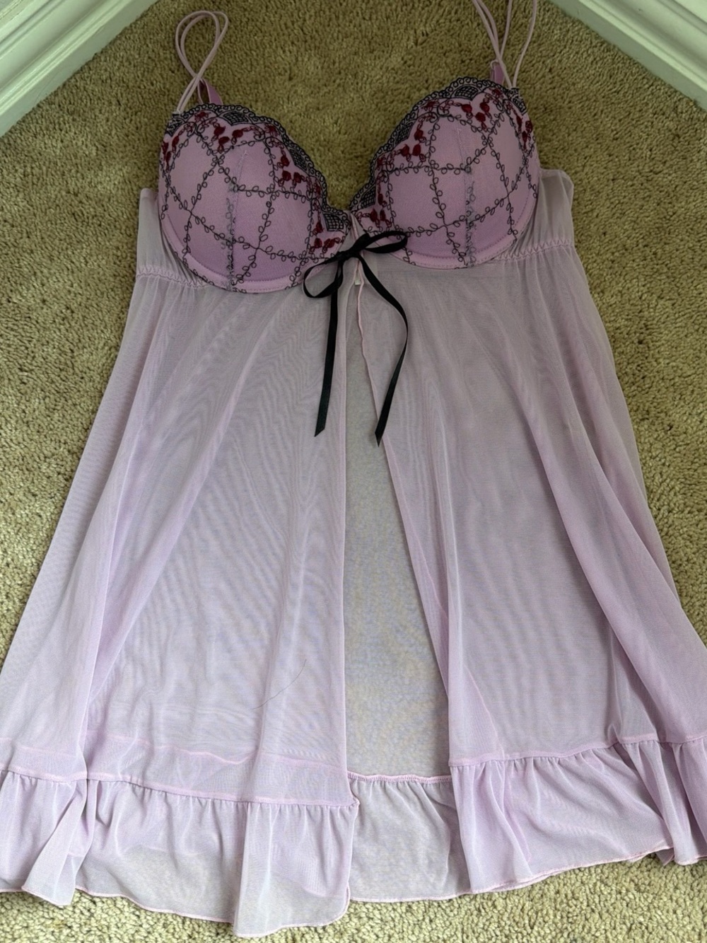 Sheer Lilac Lace-Embellished Babydoll Nightdress